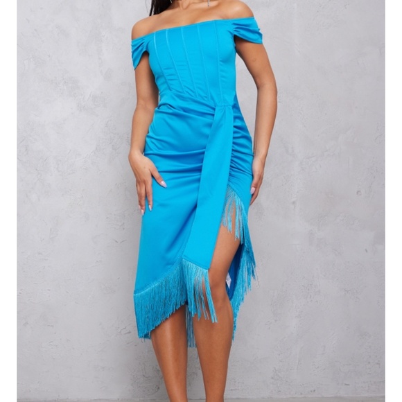 Prettylittlething Midi Fringe blue dress - Picture 3 of 4